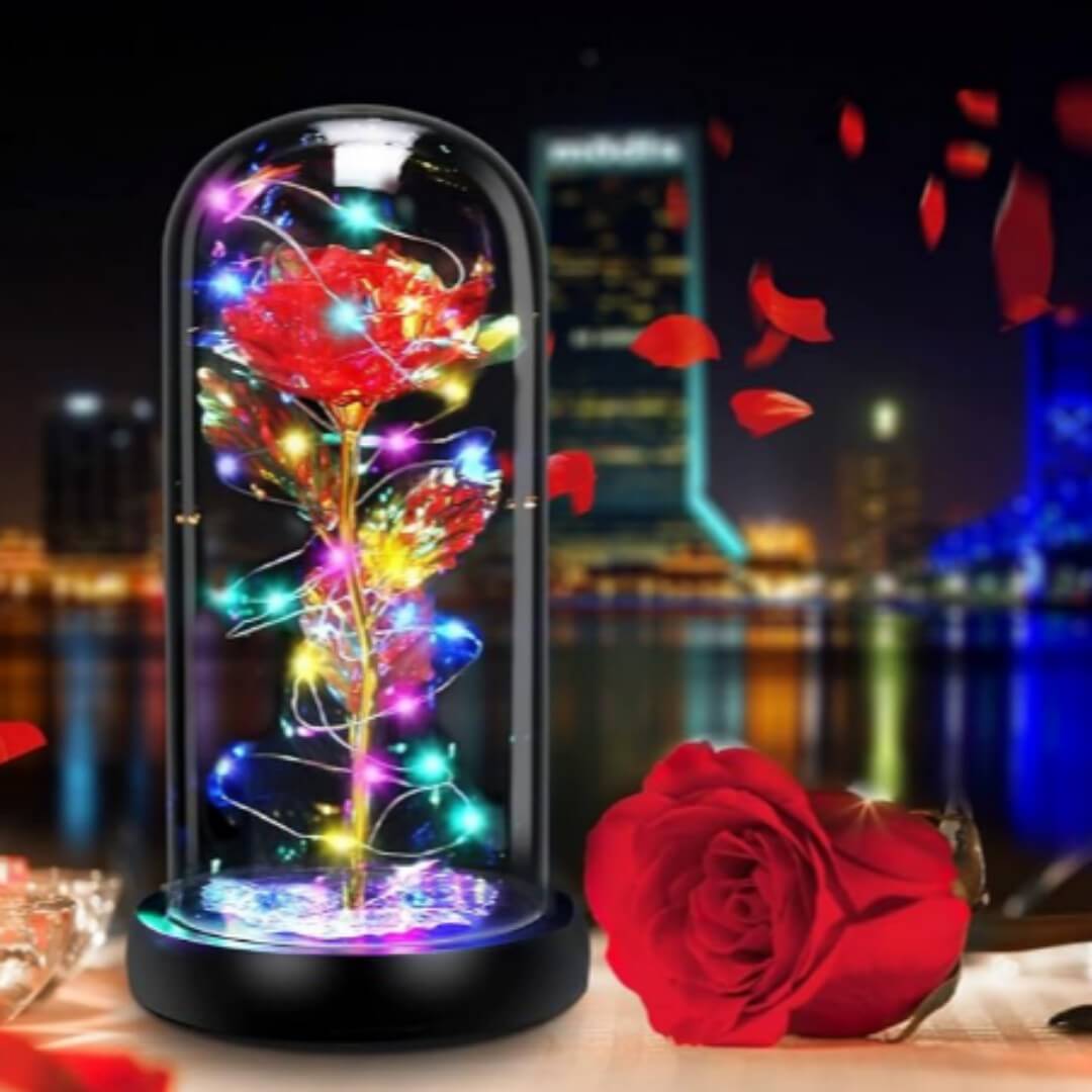 Artificial rose in glass dome